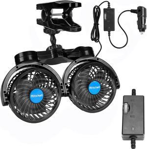 12V Car Clip Fans, Adjustable Dual Head Clip Fan 360° Rotatable Cooling Air Fan, 4'' Electric Auto Car Fans with Cigarette Lighter Plug for Vehicles, RV, SUV
