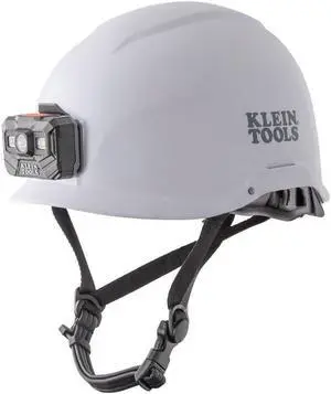 Klein Tools Safety Helmet, Non-Vented, Rechargeable Headlamp, Tested to Tough Industrial Hard Hat Safety Standards, White