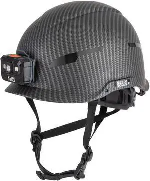 Klein Tools Safety Helmet, Non-Vented Class E with Rechargeable Lamp and Chin Strap, Premium KARBN Pattern, Tested up to 20kV