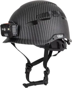 Klein Tools Safety Helmet, Vented Class C with Rechargeable Lamp and Chin Strap, Premium KARBN Pattern, Adjustable Vents