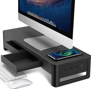 3 In 1 Monitor Stand Riser with 2 Drawers,1 Wireless Charging Module and 4 USB Ports,Metal Computer Stand Support Transfer Data and Charging,Desk Organizer for PC,iMac (21 x 7.9 x 4.3 inches)