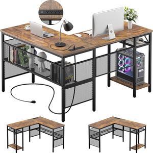 L Shaped Desk with Power Outlets and USB Charging Ports, Reversible L-Shaped Corner Desks with Storage Shelves, Unique Grid Design, 2 Person Gaming Computer Table for Home Office, Rustic Brown