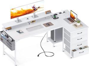 63 inch L Shaped Computer Desk with USB Charging Port & Power Outlet, Gaming Desk Corner Desk with 4 Tier Drawer & Monitor Shelf for Home Office Workstation, Modern Style Writing Table, White