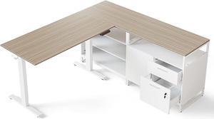 FEZIBO 66 Inch Executive L Shaped Standing Desk with 2-Drawer File Cabinet, Electric Height Adjustable Stand up Desk, Home Office Modern Computer Desk with Shelves, White Frame/Light Walnut Top