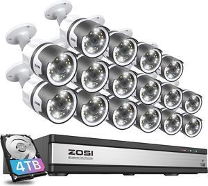 ZOSI 4K 16CH PoE Security Camera System, 16CH 4K NVR with 4TB HDD for 24/7 Recording, 16 X Wired 5MP (3K) PoE IP Cameras Outdoor Indoor, Spotlights, 2-Way Talk, Human Detection, Sound & Light Alarm
