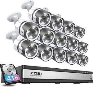 ZOSI 4K 16CH PoE Security Camera System, 16CH 4K NVR with 4TB HDD for 24/7 Recording, 14 X Wired 5MP (3K) PoE IP Cameras Outdoor Indoor, Spotlights, 2-Way Talk, Human Detection, Sound & Light Alarm