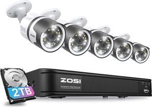 ZOSI 8 Channel 5MP PoE NVR Security Camera System, 5 x Wired 5MP(3K) Bullet PoE IP Cameras Outdoor with Spotlights and 2-Way Talk, Human Detection, Sound & Light Alarm, 2TB HDD for 24/7 Recording