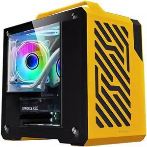 Small Computer Case, Lightweight and Portable Aluminum ITX/MATX Personal Computer Case with Tempered Glass - Yellow