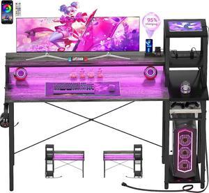 47.2'' Gaming Desk with LED Lights, Small Computer Desk with Long Monitor Stand, Reversible Laptop Table with Storage Shelves, Small Desk for Small Spaces, Gaming Room, Gray