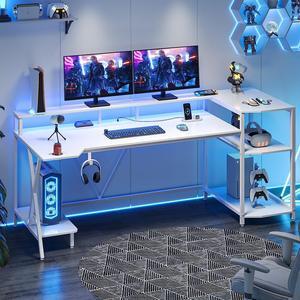 Gaming Desk 70.8'' with LED Lights and Storage Shelves, Computer Desk with Monitor Stand, Power Outlets and Cup Holder, Large PC Gamer Desk, Gaming Table for Bedroom, Living Room - WHITE