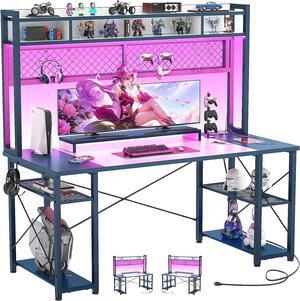 Gaming Desk with Hutch, 55.2'' Magic Computer Desk with LED Lights and Outlets, Reversible Workstation Desk with Pegboard and Monitor Stand, Gamer Desk PC Table, White and Blue