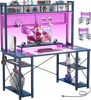 Gaming Desk with Hutch, 48'' Magic Computer Desk with LED Lights and Outlets, Reversible Workstation Desk with Pegboard and Monitor Stand, 48 Gamer Desk PC Table, White and Blue