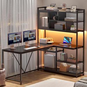 L Shape Computer Desk, 58'' Office Desk with LED Light and Bookshelf, L Shaped Corner Desk with Storage Shelves for Home Office, Gaming Desk, L Desk, Black