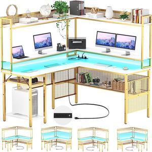 L Shaped Desk with Power Outlet, Reversible L-Shaped Corner Computer Desk with Storage Shelves & Monitor Stand, Gaming Desk with Led Light, Industrial 2 Person Home Office Writing Desk, White