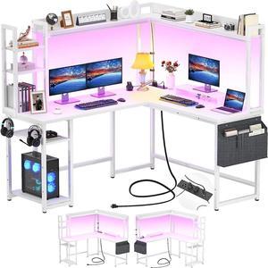56.7" L Shaped Desk with Power Outlet, L Shaped Gaming Desk with Led Light & Hutch, Reversible Home Office Desk, Corner Computer Desk Writing Desk with Monitor Stand & Storage Shelves, White