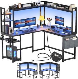 56.7" L Shaped Desk with Power Outlet, L Shaped Gaming Desk with Led Light & Hutch, Reversible Home Office Desk, Corner Computer Desk Writing Desk with Monitor Stand & Storage Shelves, Black