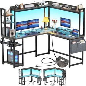 56.7" L Shaped Desk with Power Outlet, L Shaped Gaming Desk with Led Light & Hutch, Reversible Home Office Desk, Corner Computer Desk Writing Desk with Monitor Stand & Storage Shelves, Gray
