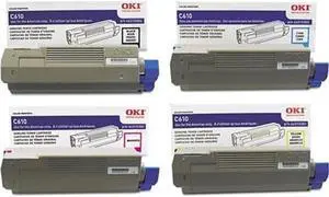 OKI Toner Set for C610 Series Printers. Full Set of 4 Genuine OKI Toner Cartridges. 44315301 Yellow, 44315302 Magenta, 44315303 Cyan, 44315304 Black. Type C15 - 6K Yield on colors, 8K Yield on Black
