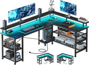 L Shaped Gaming Desk with Power Outlet and LED Lights, 59" Reversible L Shaped Desk with Storage Shelves & Monitor Stand, Gaming Desk with USB Ports, Home Office Desk, Black Carbon Fiber - Black