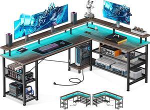66" L Shaped Gaming Desk with Power Outlet and LED Lights, Reversible L Shaped Desk with Storage Shelves & Monitor Stand, Gaming Desk with USB Ports, Home Office Desk - Oak