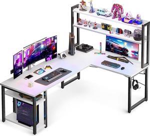 66" L Shaped Gaming Desk with Hutch, Computer Desk with Storage Shelves, L Shaped Desk for Home Office, Corner Desk with Headphone Hook, White