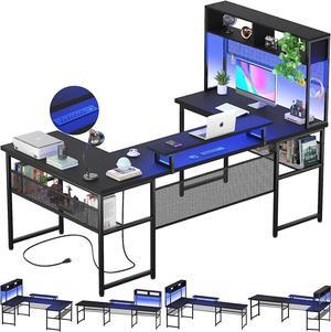 83" U Shaped Desk with Hutch, Reversible L Shaped Computer Desk with Power Outlets and LED Strip, Large Office Table with Monitor Stand and Storage Shelves, 83 Inch U Shape Gaming Desk, Black
