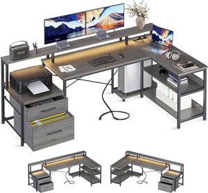 66" L Shaped Desk with File Drawer, Reversible L Shaped Computer Desk with Power Outlet & LED Strip, Home Office Desk with Storage Shelves, Gaming Desk with Monitor Shelf, Corner Desk, Grey