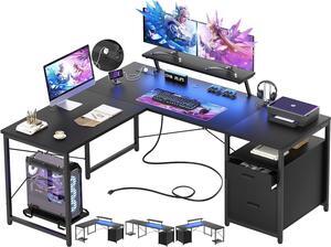63" L-Shaped Desk with Power Outlet and LED Strip, L Shaped Computer Corner Desk with Reversible File Drawer and Monitor Stand, Gaming Table Writing Desk for Home Office Workstation, Black