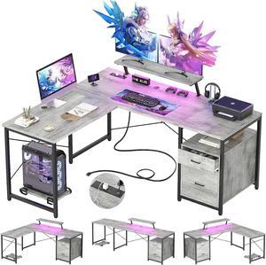 63" L-Shaped Desk with Power Outlet and LED Strip, L Shaped Computer Corner Desk with Reversible File Drawer and Monitor Stand, Gaming Table Writing Desk for Home Office Workstation, White Oak