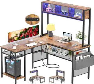 55" L-Shape Computer Desk with LED Strip and Power Outlets, Reversible Corner Desk with Storage Shelves and Bag, Industrial Home Office Gaming Table with USB Port, Rustic Brown