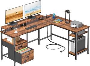 66 L Shaped Desk with Power Outlet, Computer Desk with File Drawer & 2 Monitor Stands, Home Office Desk with Storage Shelves, Corner Desk for Gaming Writing, Work Study Table, Rustic Brown