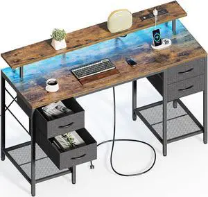 55" Computer Desk with 4 Drawers, Gaming Desk with LED Lights & Power Outlets, Home Office Desk with Large Storage Space for Bedroom, Work from Home, Brown
