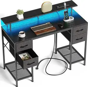 47" Computer Desk with 4 Drawers, Gaming Desk with LED Lights & Power Outlets, Home Office Desk with Large Storage Space for Bedroom, Work from Home, Black
