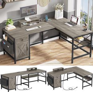 63" L Shaped Desk, Convertible 86.6" Home Office Desk or Corner Desk, Office Computer Desk with Drawer, Power Strip, Storage Cabinet, Bookshelf & Monitor Stand, Retro Grey