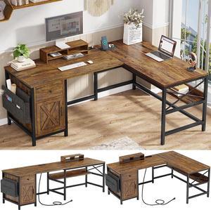 L Shaped Computer Desk, Reversible Corner Home Office Desk or 2 Person Desk, L Desk with Drawer, Bookshelf, Storage Cabinet, Monitor Stand & Storage Bag, Rustic Brown