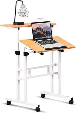 Mobile Standing Desk Stand Up Desk, Height Adjustable Computer Desk with Standing & Seating 2 Modes, Tilting Tabletop & Flexible Wheels, Rolling Laptop Cart Sit Stand Desk - Walnut Mobile Standing Desk Stand Up Desk, Height Adjustable Computer Desk with Standing & Seating 2 Modes, Tilting Tabletop & Flexible Wheels, Rolling Laptop Cart Sit Stand Desk - Walnut