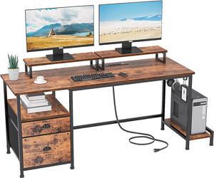 55" Computer Desk with Drawer and Power Outlets,  Large Compter Desk with Fabric File Cabinet and 2 Movable Monitor Shelf, Writing Gaming Table with CPU Stand and 2 Hooks for Home Office, Rustic Brown