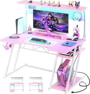 47'' Gaming Computer Desk with Storage Shelves & Z-Shaped Legs, Gaming Desk with Hutch and LED Lights, Reversible PC Gaming Desk with Pegboard for Bedroom & Small Spaces, Carbon Fiber Surface, Pink