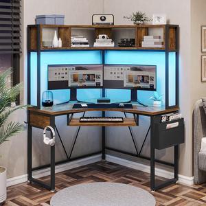 389 Corner Desk Small Computer Desk with Hutch  LED Lights Triangle Corner Computer Desk with Keyboard Tray Storage Bag and Headphone Hook for Small Space Small Office Desk Rustic Brown