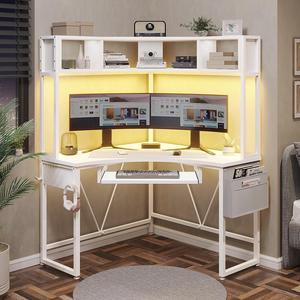 38.9" Corner Desk, Small Computer Desk with Hutch & LED Lights, Triangle Corner Computer Desk with Keyboard Tray, Storage Bag, and Headphone Hook for Small Space, Small Office Desk, White