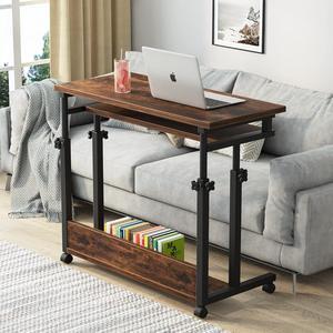 Portable Desk for Sofa and Bed, Height Adjustable Mobile Laptop Table Small Standing Desk Rolling Computer Cart Workstation with Keyboard Tray on Wheels for Home Office - Brown