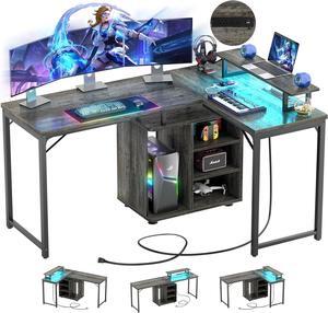 59'' L Shaped Desk with Power Outlet and Storage Shelves, Reversible Gaming Desk with LED Strip, Large 2 Person Computer Desk with Cabinet & Monitor Stand, Corner Home Office Desk, Grey Oak