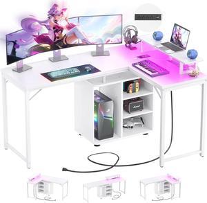 59'' L Shaped Desk with Power Outlet and Storage Shelves, Reversible Gaming Desk with LED Strip, Large 2 Person Computer Desk with Cabinet & Monitor Stand, Corner Home Office Desk, White