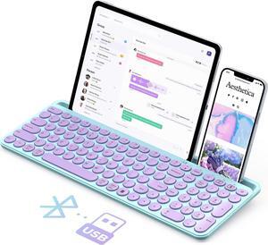 Cute Wireless Bluetooth Keyboard, Bluetooth + 2.4G Round Key Typewriter Keyboard with Number Pad, Phone Tablet Holder for iPad, Andriod Phone, MacBook/Windows Computer Desktop, Purple