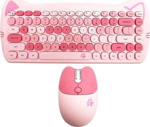 Wireless Mouse and Keyboard Set, Cute Cat Keyboard Mouse Combo for Girl Gift,2.4G Cordless Computer Mice with USB Receiver for Laptop PC MAC - Cherry Blossom Pink