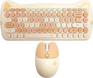 Wireless Mouse and Keyboard Set, Cute Cat Keyboard Mouse Combo for Girl Gift,2.4G Cordless Computer Mice with USB Receiver for Laptop PC MAC - Milk Tea Brown Yellow