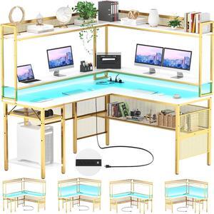 55.1" L Shaped Gaming Desk with Led Light, Reversible Computer Desk with Storage Shelves & Monitor Stand, L Shaped Desk with Power Outlet, Industrial 2 Person Corner Desk for Home Office, White