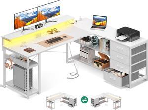 61" L Shaped Desk with Drawer, Computer Desk with Power Outlets & LED Lights, Reversible Corner Gaming Desk for Home Office Workstation, Office Desk with Monitor Shelf, White