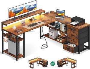 61" L Shaped Desk with Drawer, Computer Desk with Power Outlets & LED Lights, Reversible Corner Gaming Desk for Home Office Workstation, Office Desk with Monitor Shelf, Brown
