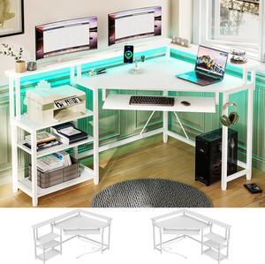 52 Corner Desk Small Computer Desk with Power Outlets Gaming Desk with LED Lights Home Office Desk with Storage for Small Space White